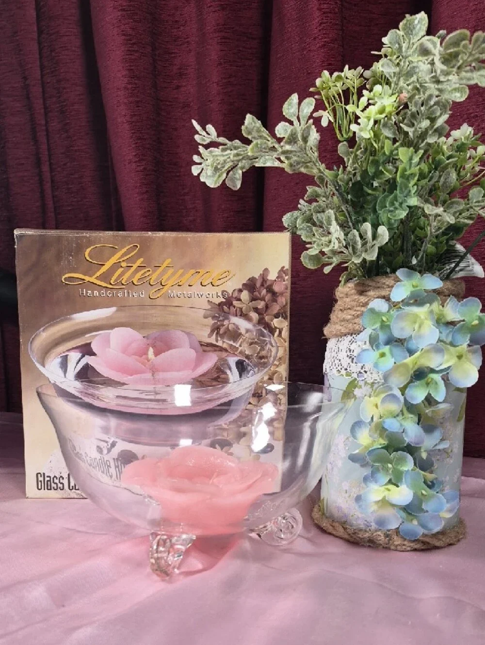 Litetyme Glass Candle Holder with Floating Rose Candle - Pink Nwe 2225